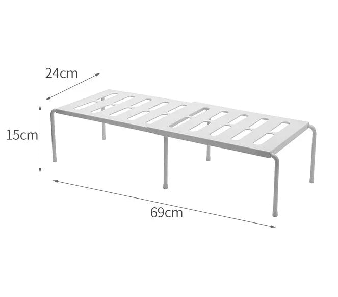 White telescopic plastic kitchen rack at extended height with ground installation