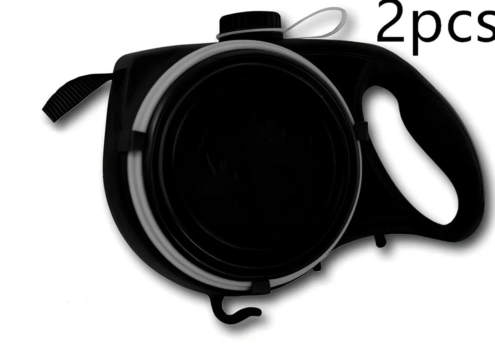 Blue automatic retractable dog leash with 3m extension, ergonomic handle, and folded silicone bowl, 22x16x5.5cm size