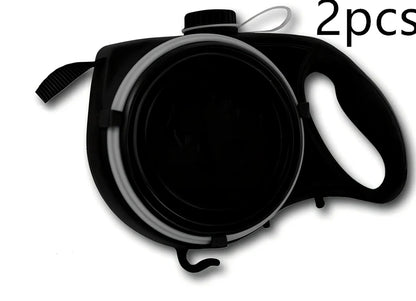 Blue automatic retractable dog leash with 3m extension, ergonomic handle, and folded silicone bowl, 22x16x5.5cm size