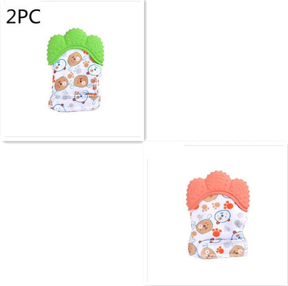 Baby silicone molar teething gloves in various colours with secure Velcro strap