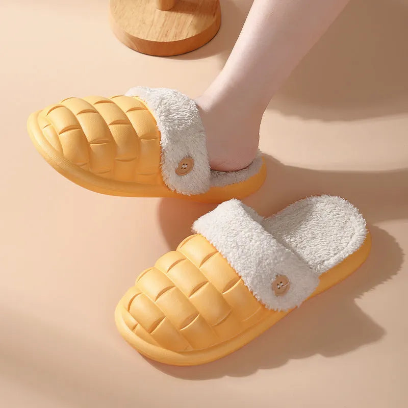 Plaid detachable EVA slippers with non-slip soles and plush lining in pink, green, yellow, white, grey, and black.