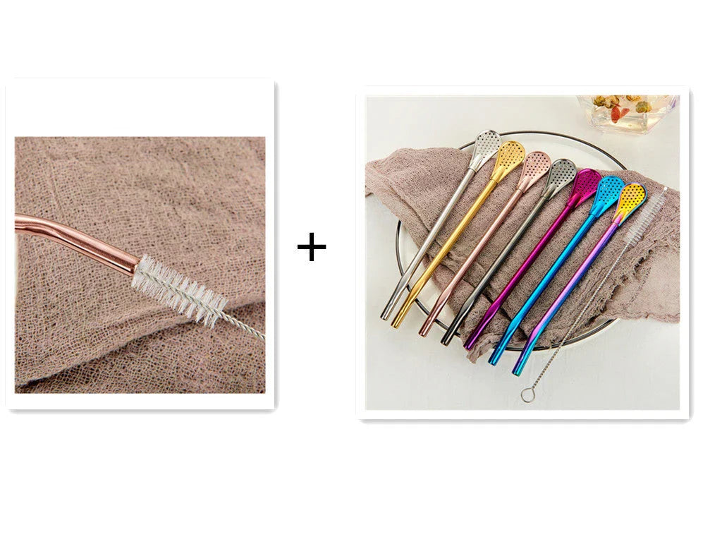 Stainless steel stirring spoon with integrated filter straw in various colours