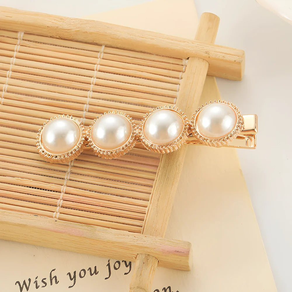 Slip-on pearl bow hair clip in alloy with flower at 2.4cm and pearls up to 7.2cm, secure grip design