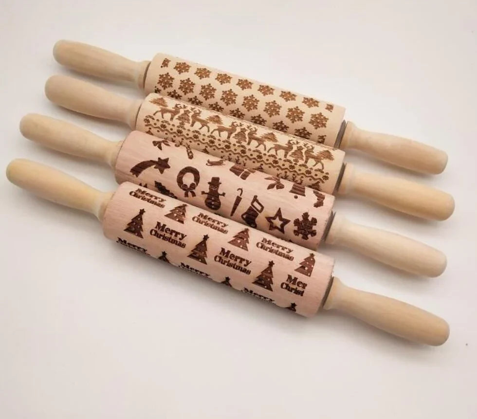 Wooden Christmas embossing rolling pin with non-stick surface for festive baking