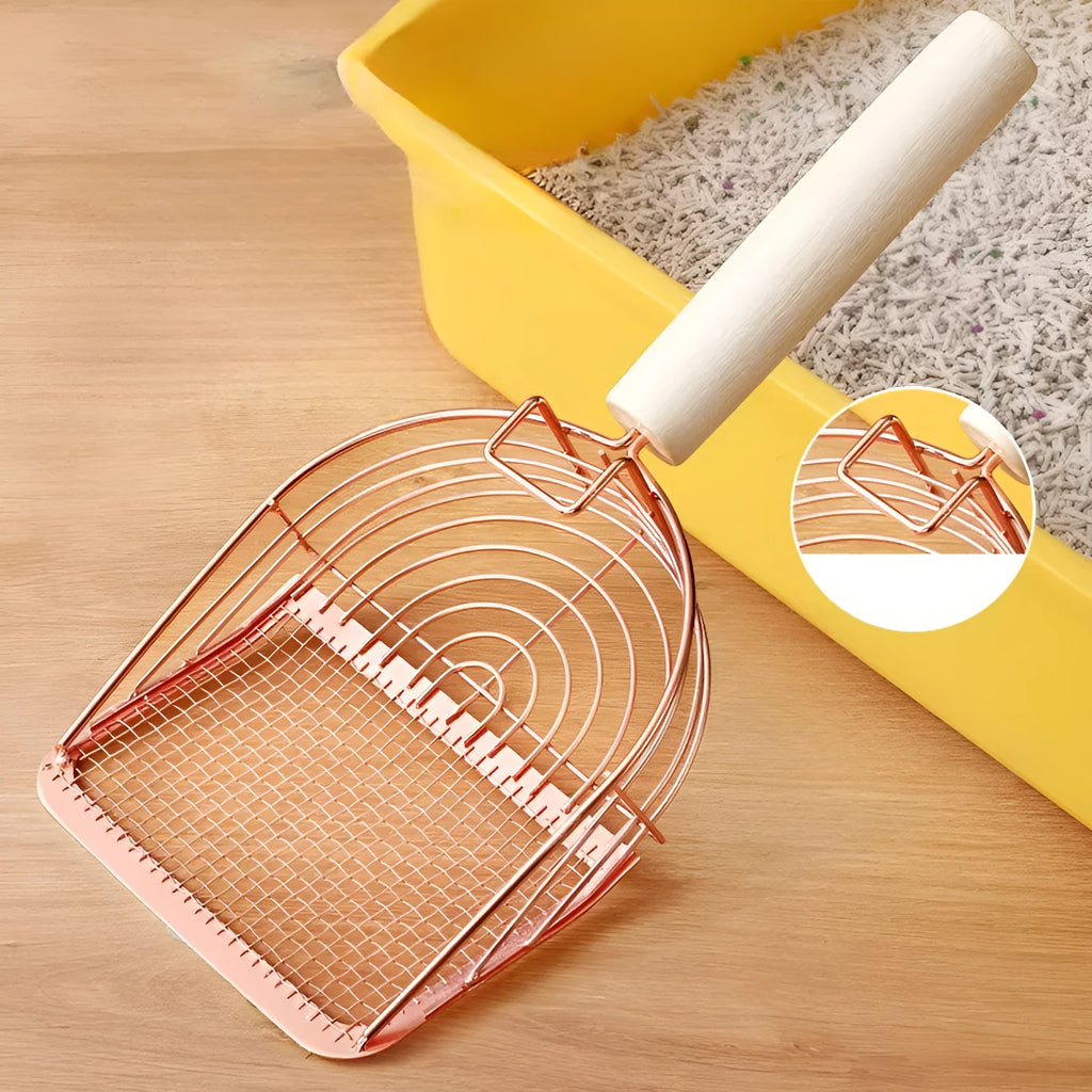 Stainless steel cat litter scoop with a long wooden handle in one of three styles: arc, linear, or square.