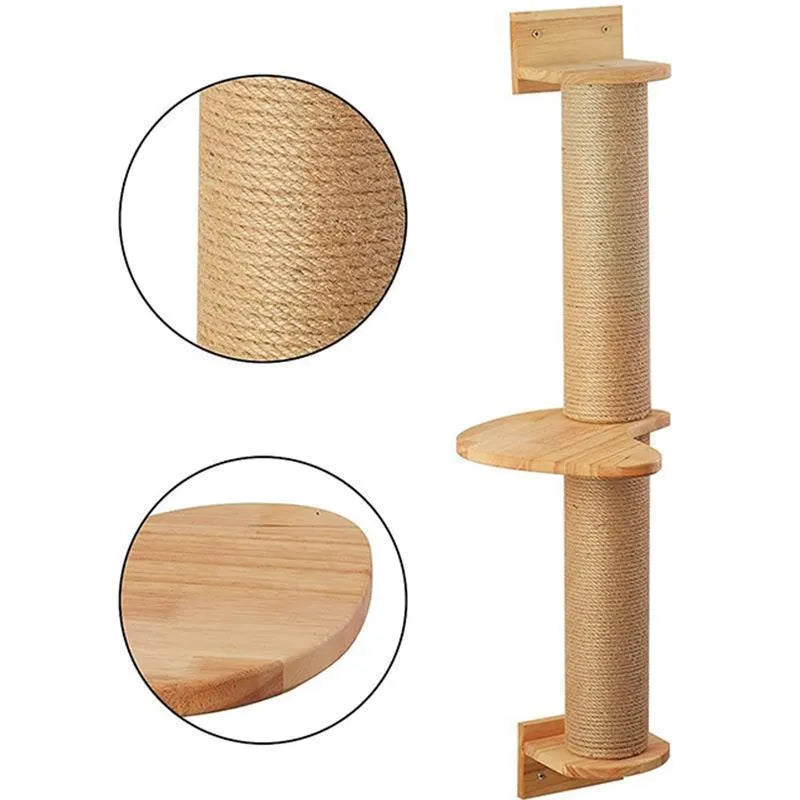 Wood-coloured cat climbing frame with wall platforms and flax cordage scratching surfaces