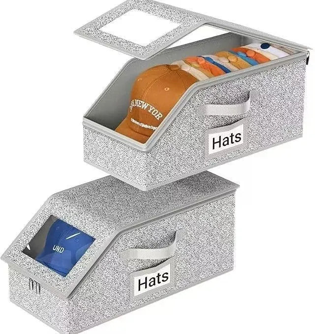 Grey foldable woven fabric storage box for baseball caps and shoes, shown with dimensions 42cm by 22cm by 17cm.