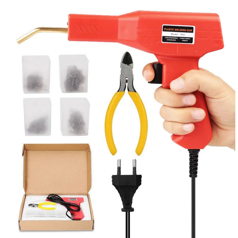 Red plastic welding gun for car bumper repair with pure copper transformer, nails, and pliers knife in black plastic box