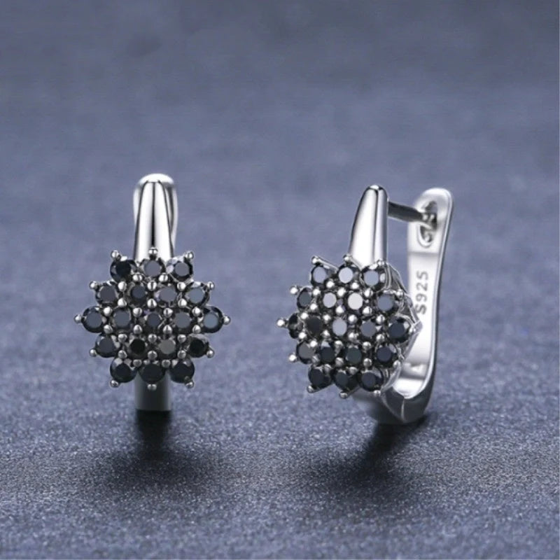 Korean-style vintage black zircon flower stud earrings in copper