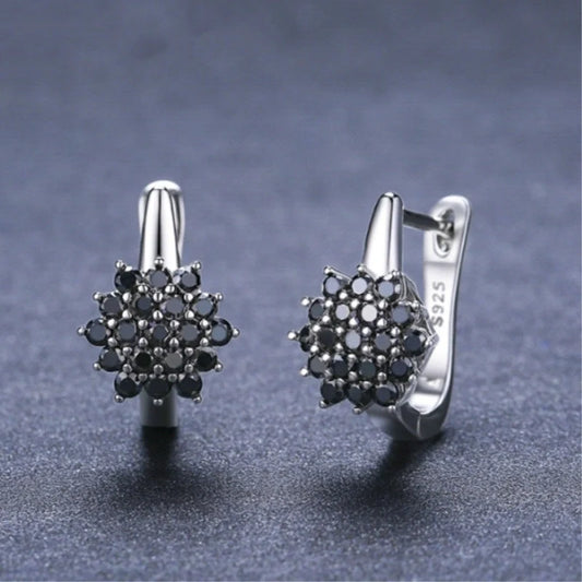 Korean-style vintage black zircon flower stud earrings in copper
