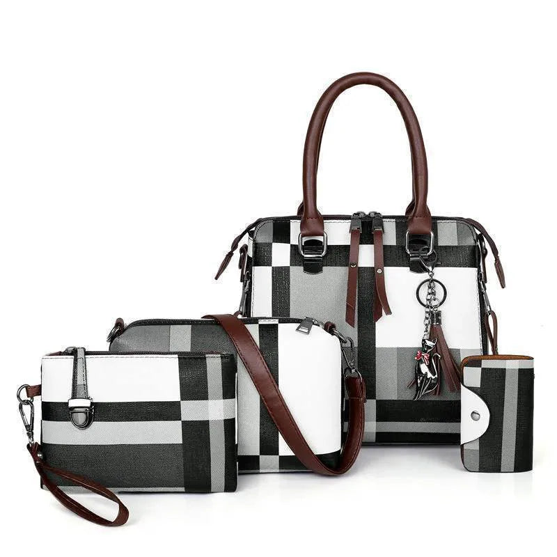 Women plaid PU leather shoulder bag with tassel decoration on a white background