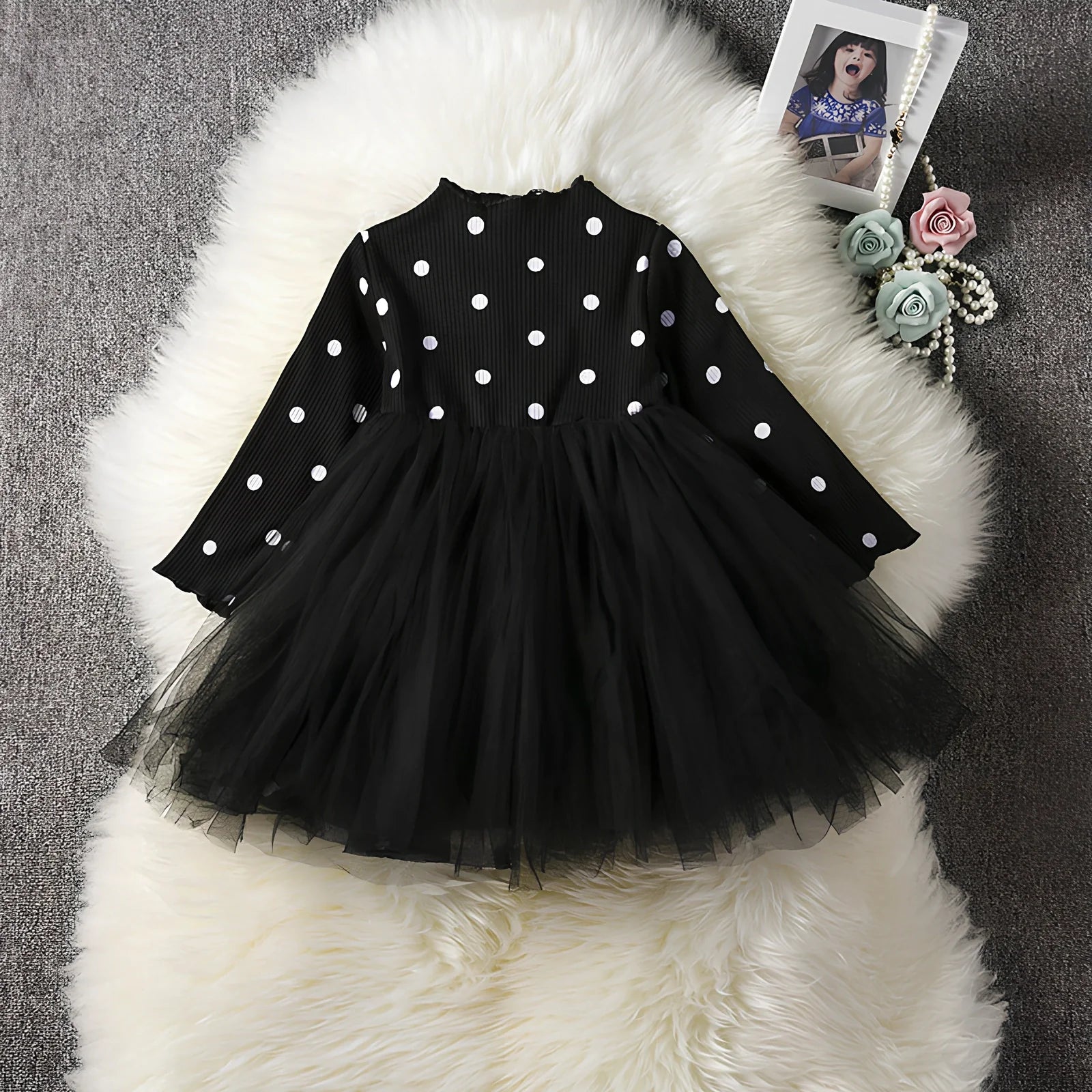 Baby girls long sleeve tutu lace dress in black, pink or white for ages 3-8 years