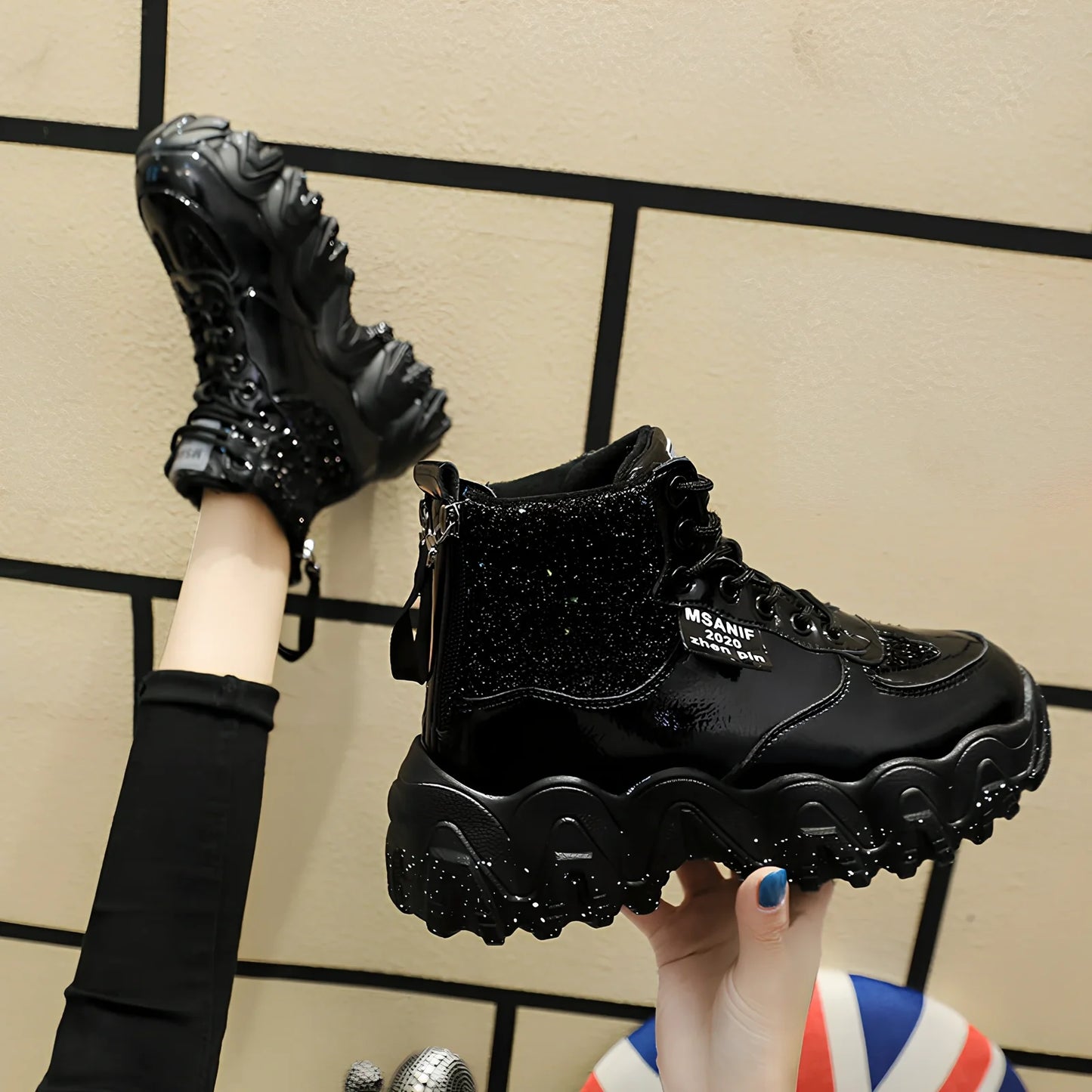 Women's platform sneakers with decorative sequins and 3-5cm heel in black, red, or silver