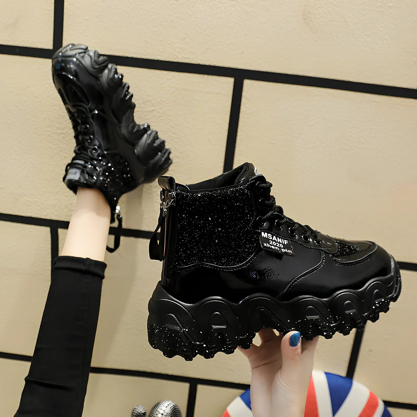 Women's platform sneakers with decorative sequins and 3-5cm heel in black, red, or silver