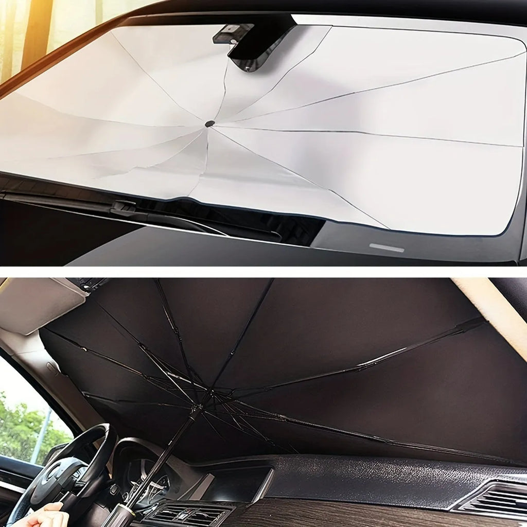 Foldable car windshield sunshade umbrella shown open and folded, with automatic rebound button.