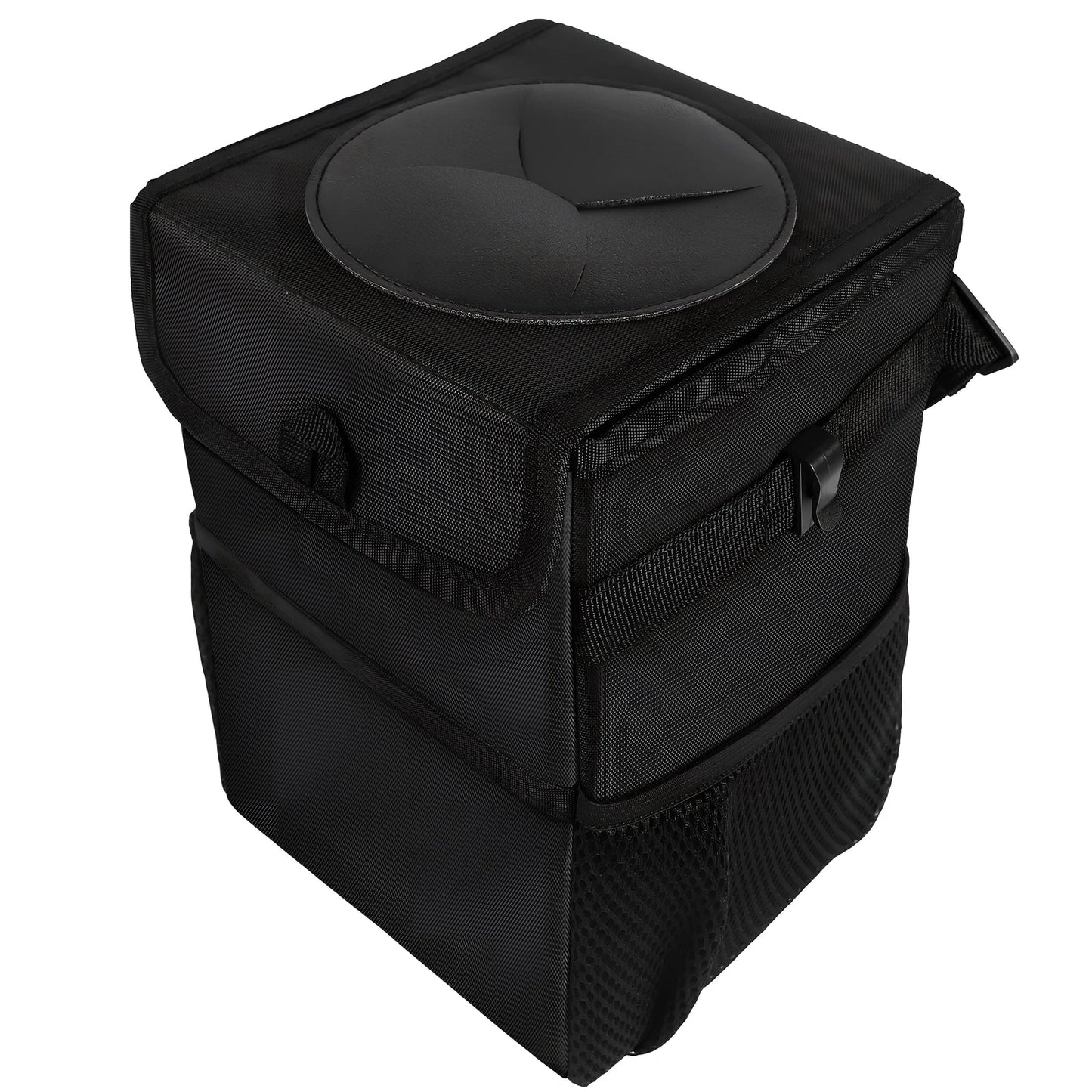 Black oxford cloth hanging car trash can with adjustable strap, waterproof lining, and mesh pockets, dimensions 16.5cm x 15cm x 25cm
