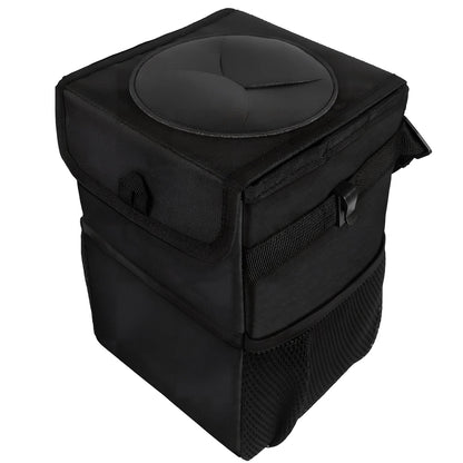 Black oxford cloth hanging car trash can with adjustable strap, waterproof lining, and mesh pockets, dimensions 16.5cm x 15cm x 25cm