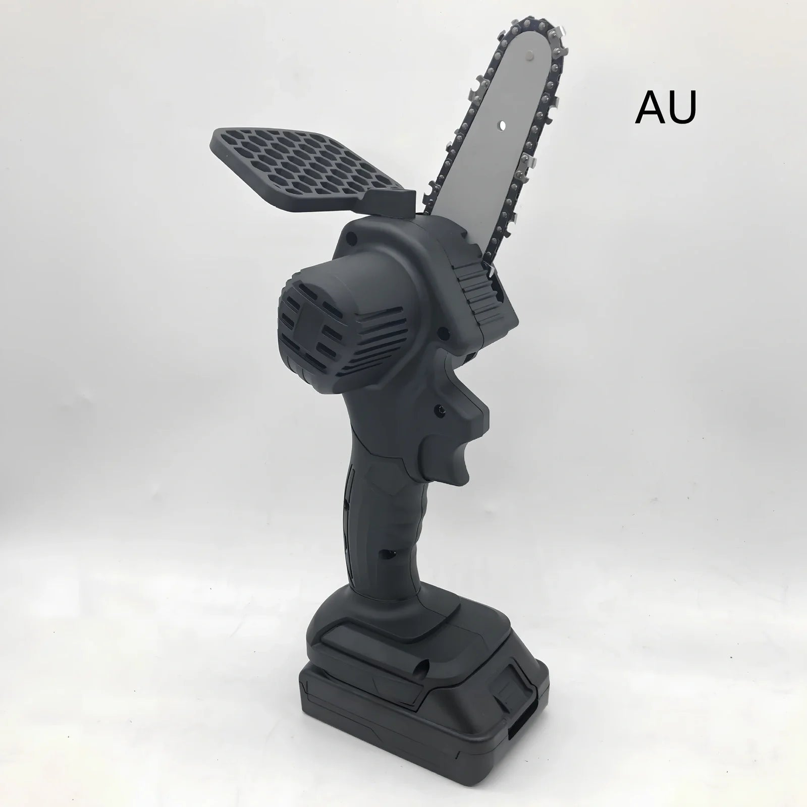 Black 4-inch rechargeable electric chainsaw with steel chain and bare metal body for garden pruning, 1000W power