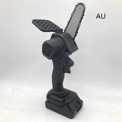 Black 4-inch rechargeable electric chainsaw with steel chain and bare metal body for garden pruning, 1000W power