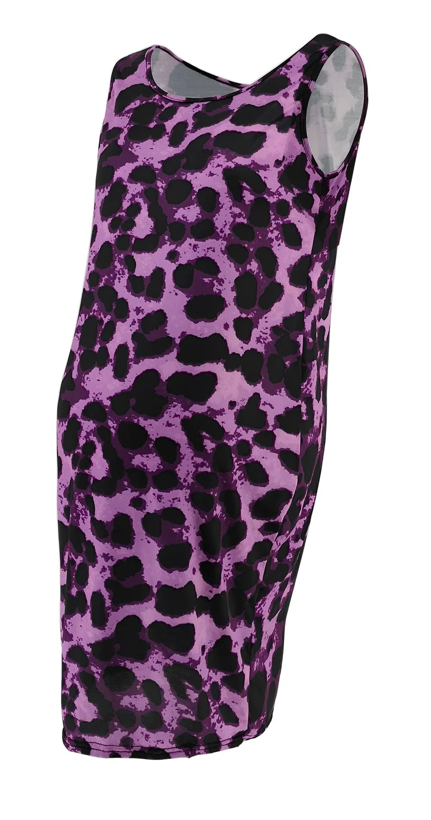 Sleeveless leopard print maternity dress in navy blue, loose waist MIDI length for pregnant women, polyester fabric with V-neck