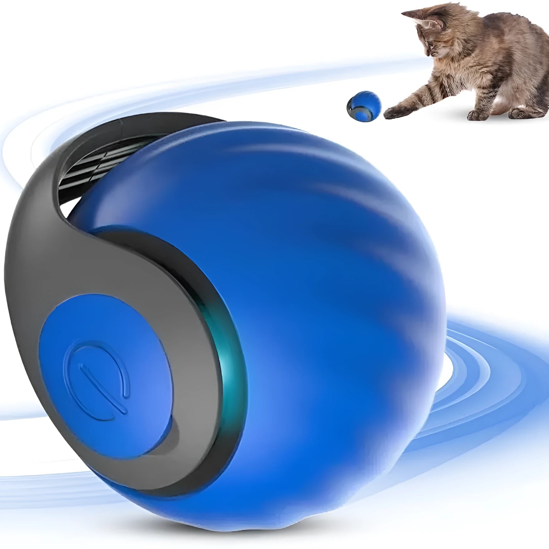 Interactive rolling ball pet toy with motion activation in blue or red colour