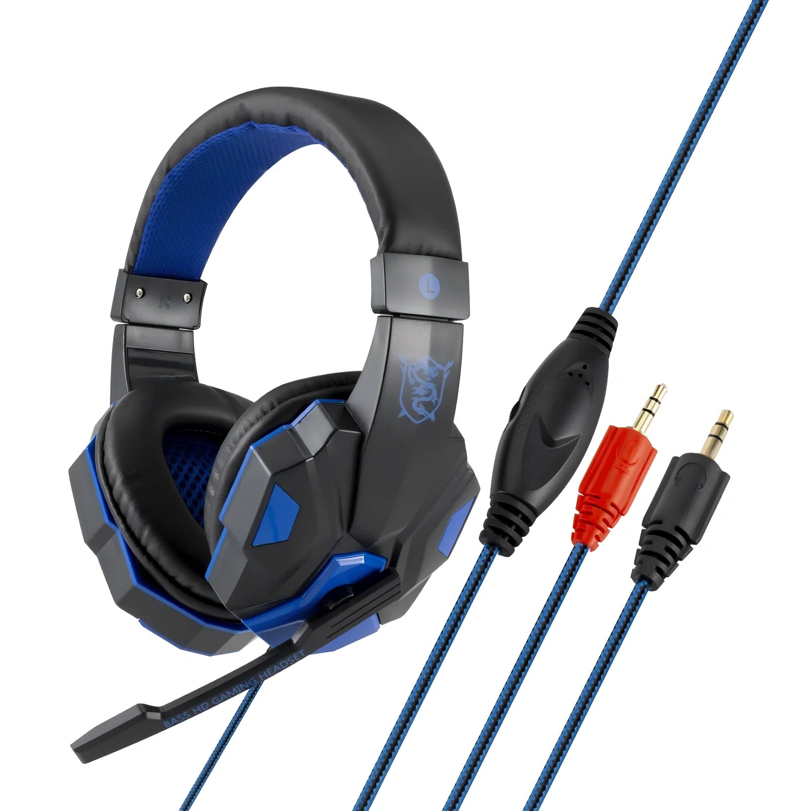 Black gaming headphones with adjustable microphone and braided cable showing 3.5mm plug