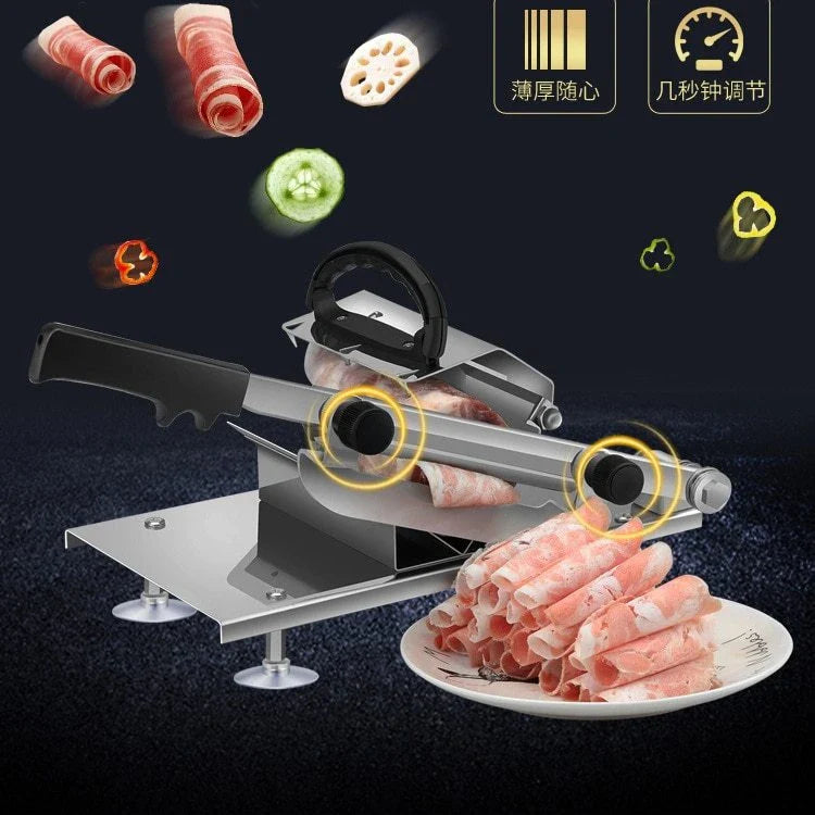Manual Spring Meat Cutting Machine with stainless steel body and adjustable slice thickness