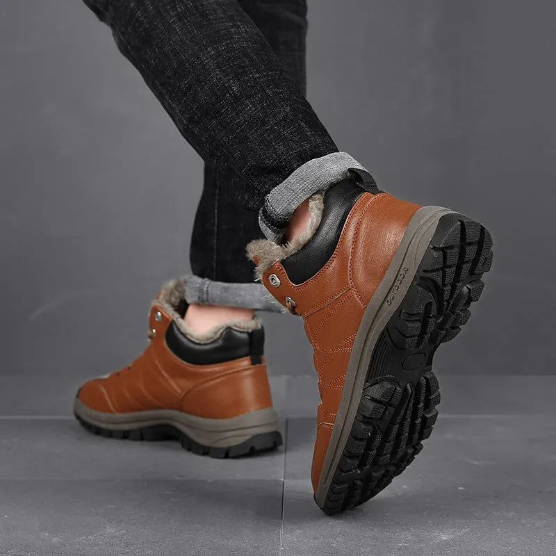 Men's winter boots with plush lining, black, lace-up style, artificial PU upper with cowhide finish, rubber sole