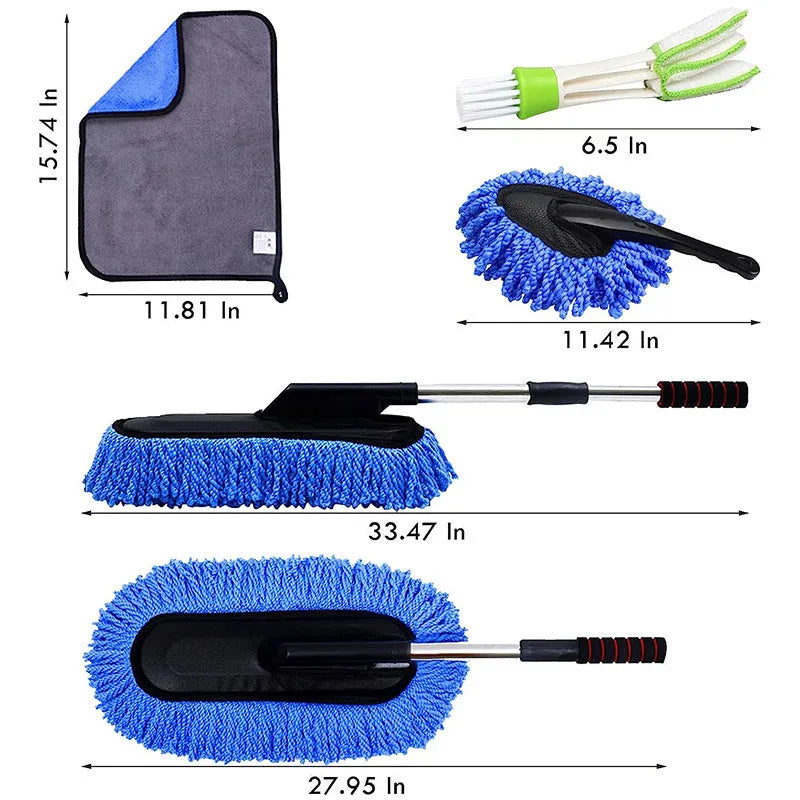 Car dust collector with retractable handle and five fibre brush heads on a car dashboard