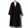 Women's knee-length wool coat with a long suit collar in black and caramel colours