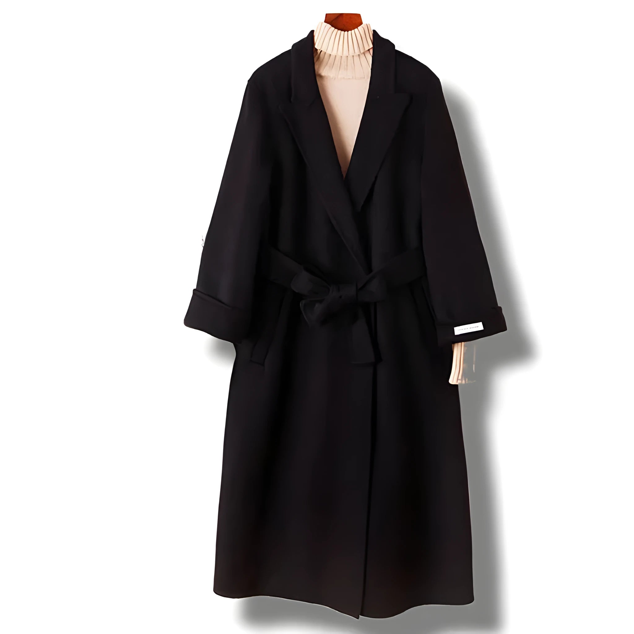 Women's knee-length wool coat with a long suit collar in black and caramel colours