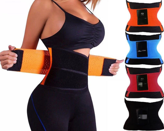 Women's Sports Slimming Plastic Belt in black, blue, orange, and purple for gym and yoga