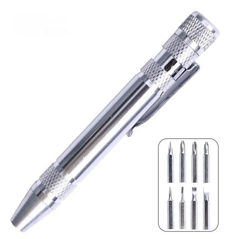 Aluminium alloy pen-style 8-in-1 screwdriver set with multiple bits and 107mm shaft.