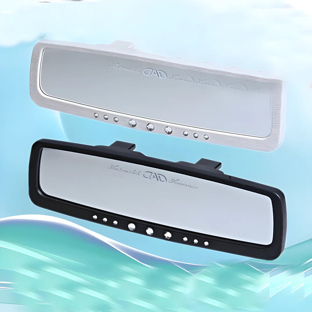 Flat car interior mirror with black and white colour sections, universal fit for most vehicles