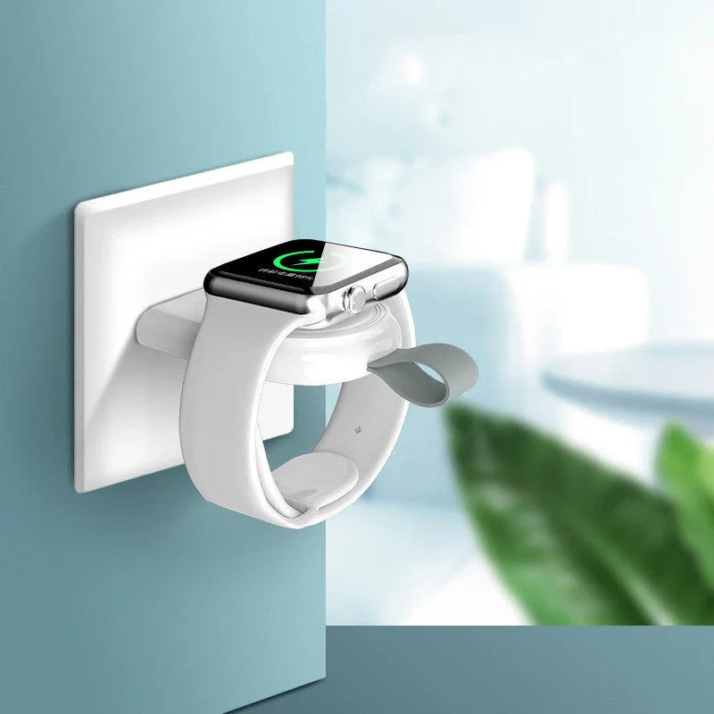 Apple-Compatible Magnetic Wireless Charger for iWatch, featuring a sleek, white design and USB port.