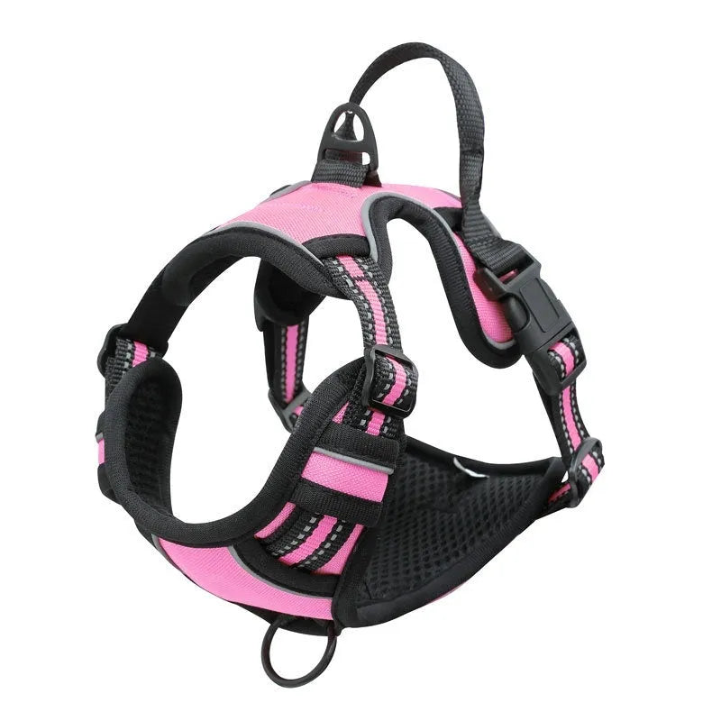 Adjustable outdoor dog chest strap harness made of Oxford cloth in various colours with a D-ring.