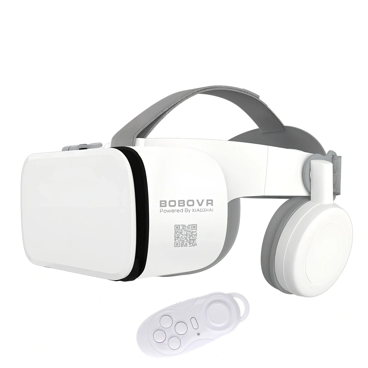 White BOBO Z6 VR Bluetooth headset with resin frame, adjustable straps, and optional controller for 3D smartphone viewing