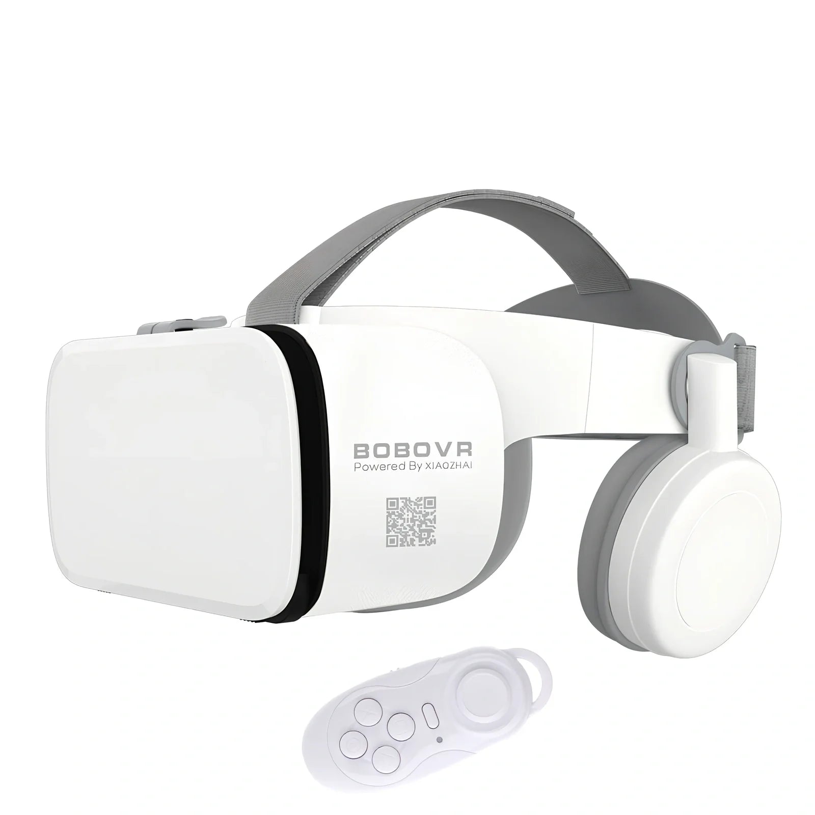 White BOBO Z6 VR Bluetooth headset with resin frame, adjustable straps, and optional controller for 3D smartphone viewing