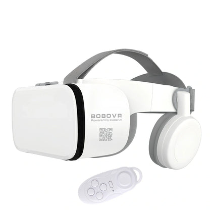 White BOBO Z6 VR Bluetooth headset with resin frame, adjustable straps, and optional controller for 3D smartphone viewing
