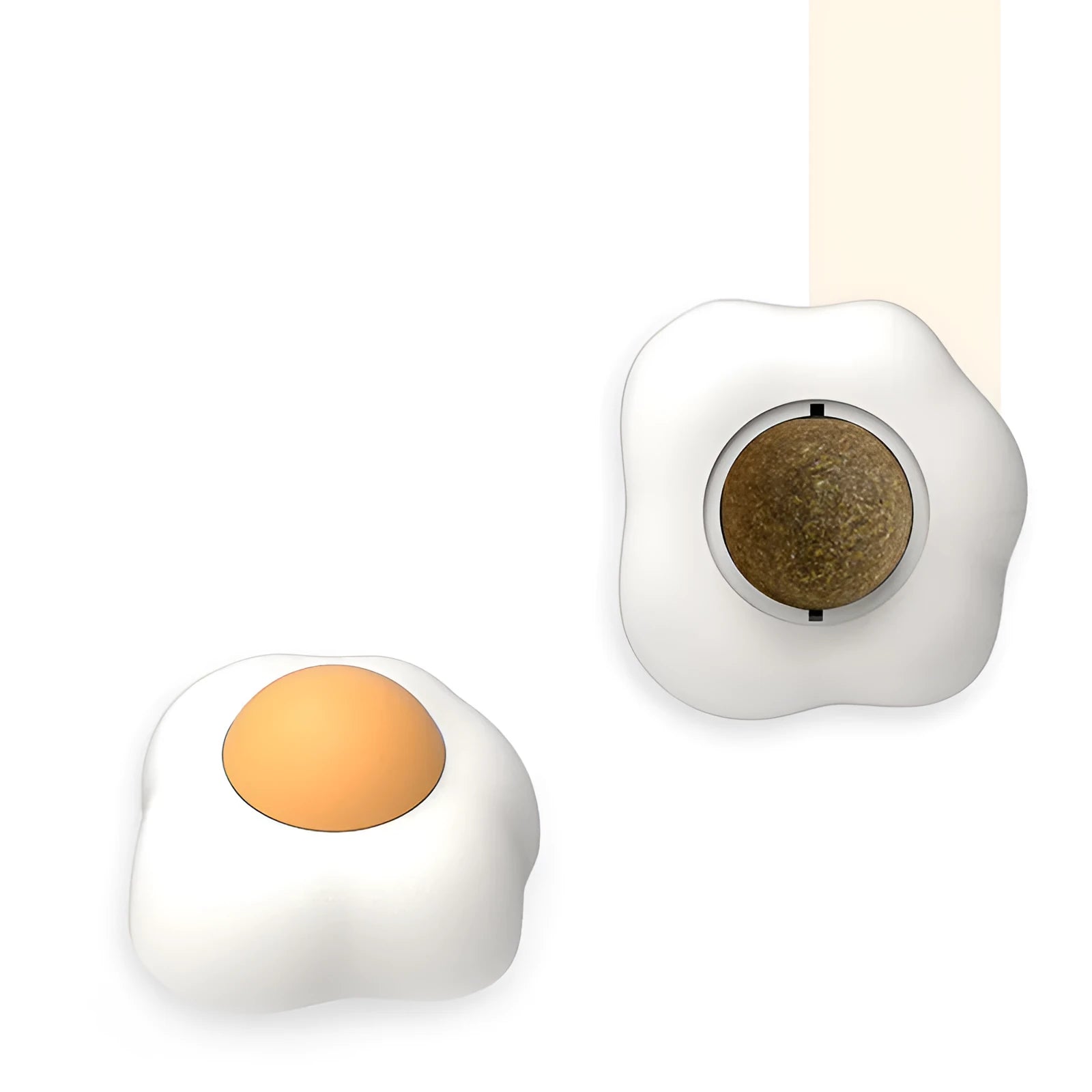 Interactive catnip ball toy for cats in fried egg and poached egg shapes with wall mount feature