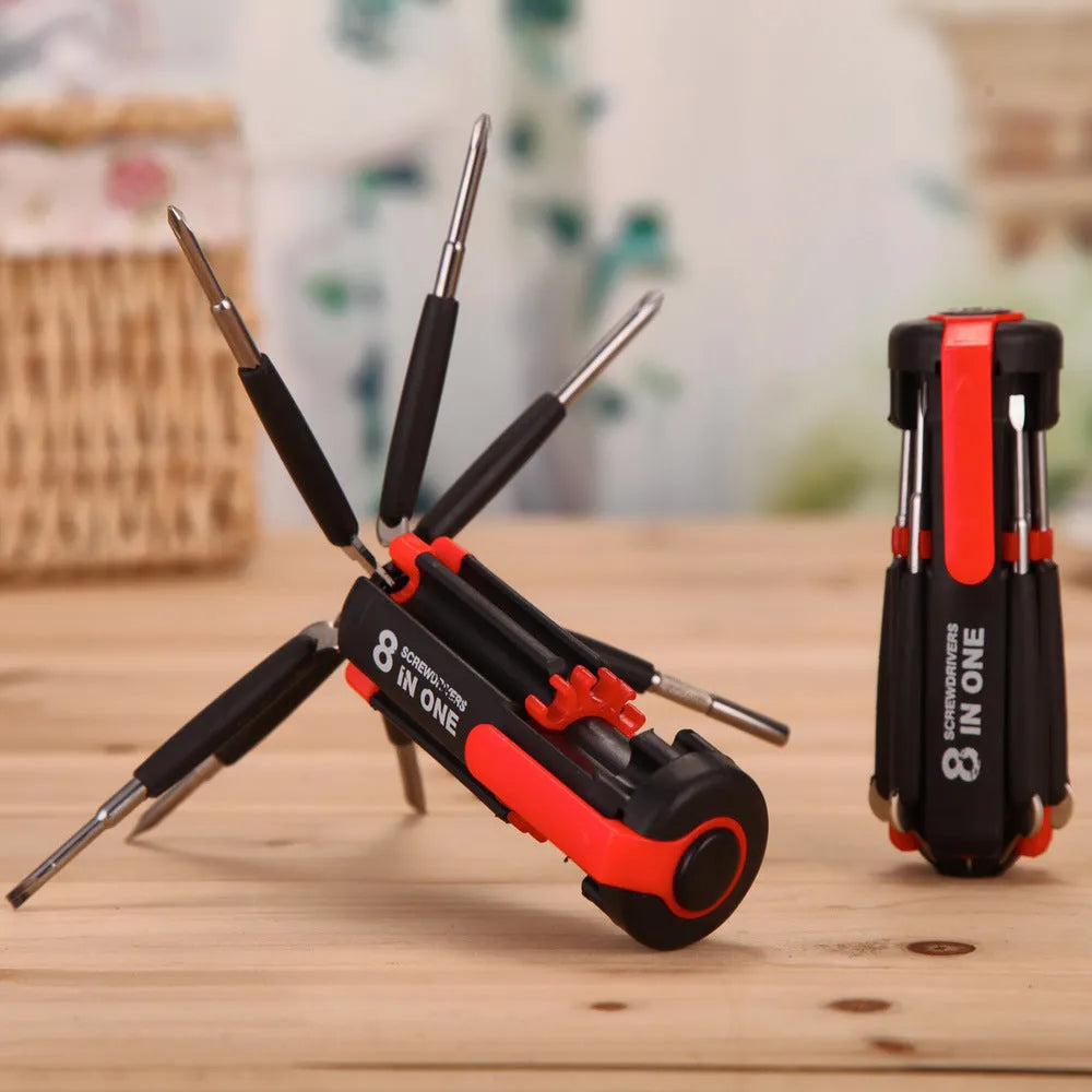 8-in-1 screwdriver with LED flashlight, stainless steel body, magnetic heads, retractable 20cm length