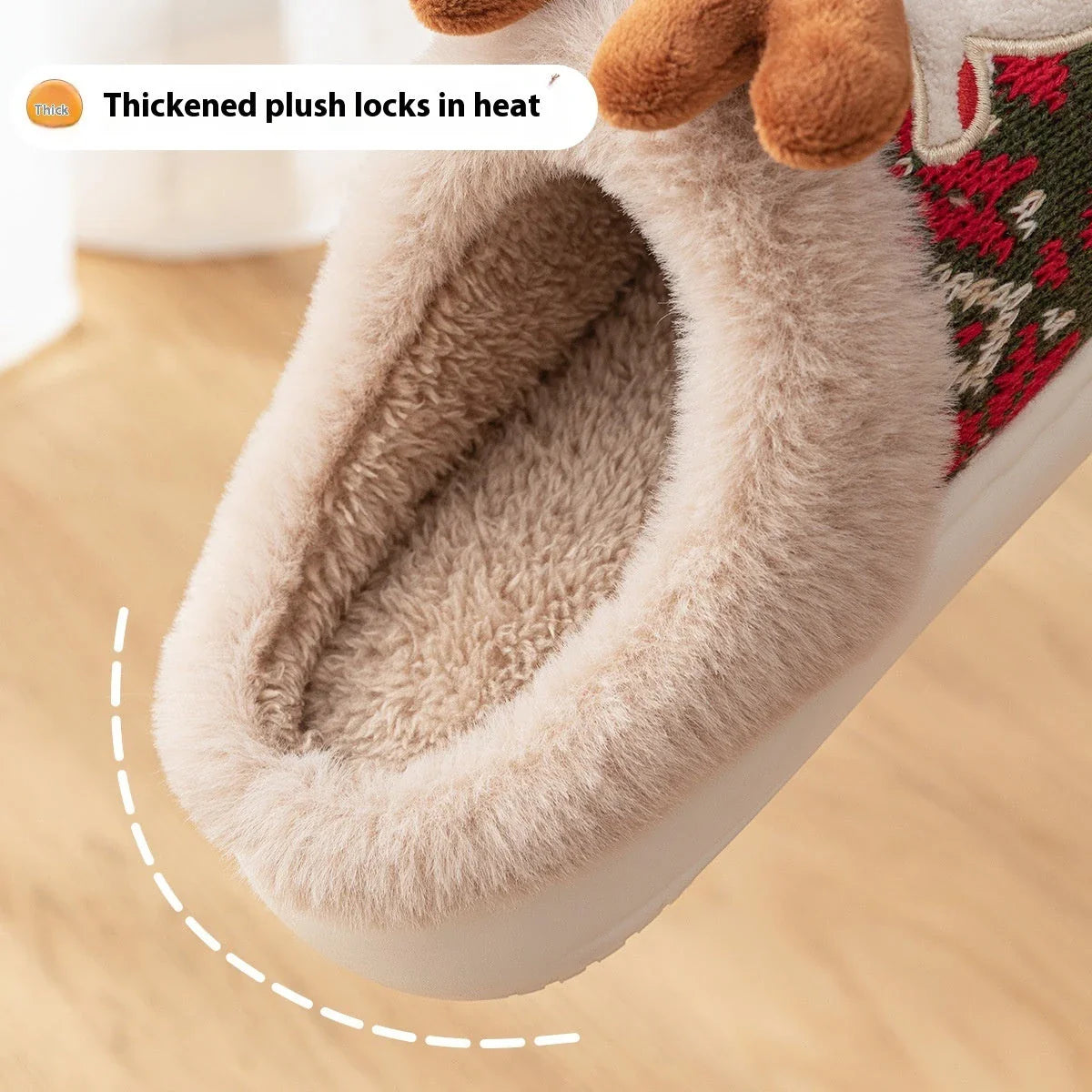 Cozy Christmas elk-themed plush slippers with non-slip soles for comfortable indoor and outdoor wear