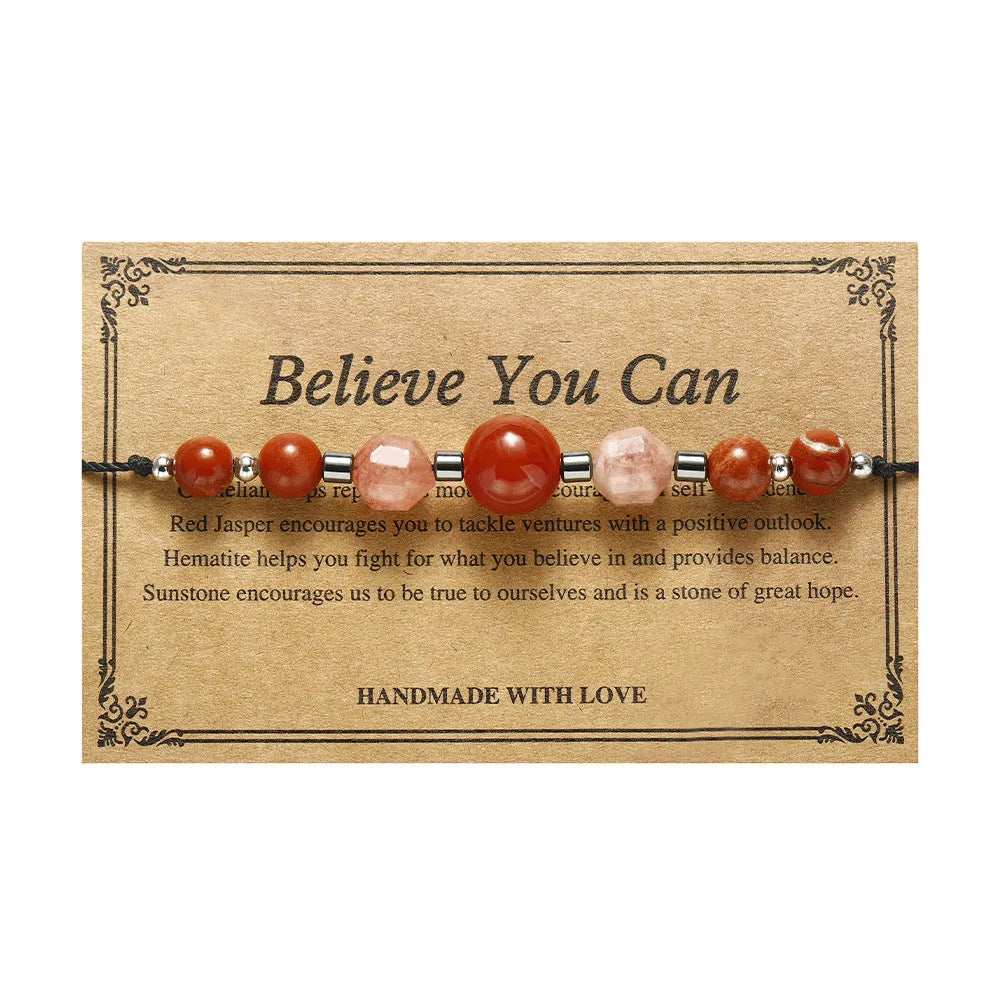 Red manual beaded bracelet with sunstone, redstone and copper geometric beads