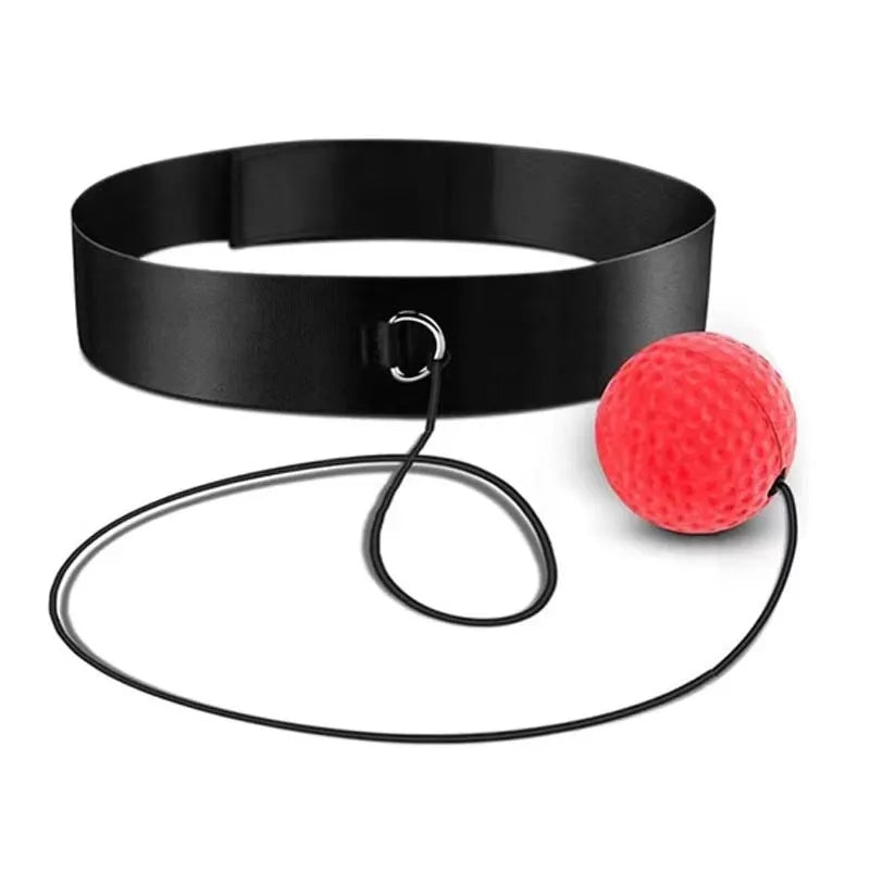 Head-mounted boxing reaction training ball set showing multiple coloured balls and two styles of adjustable headband.