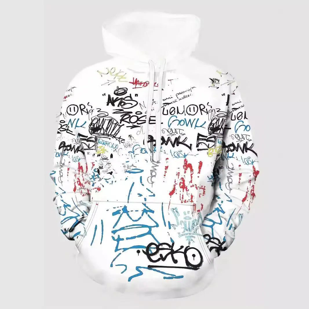 Men's plus size camouflage 3D digital print hooded sweater with zip pocket, black, loose fit