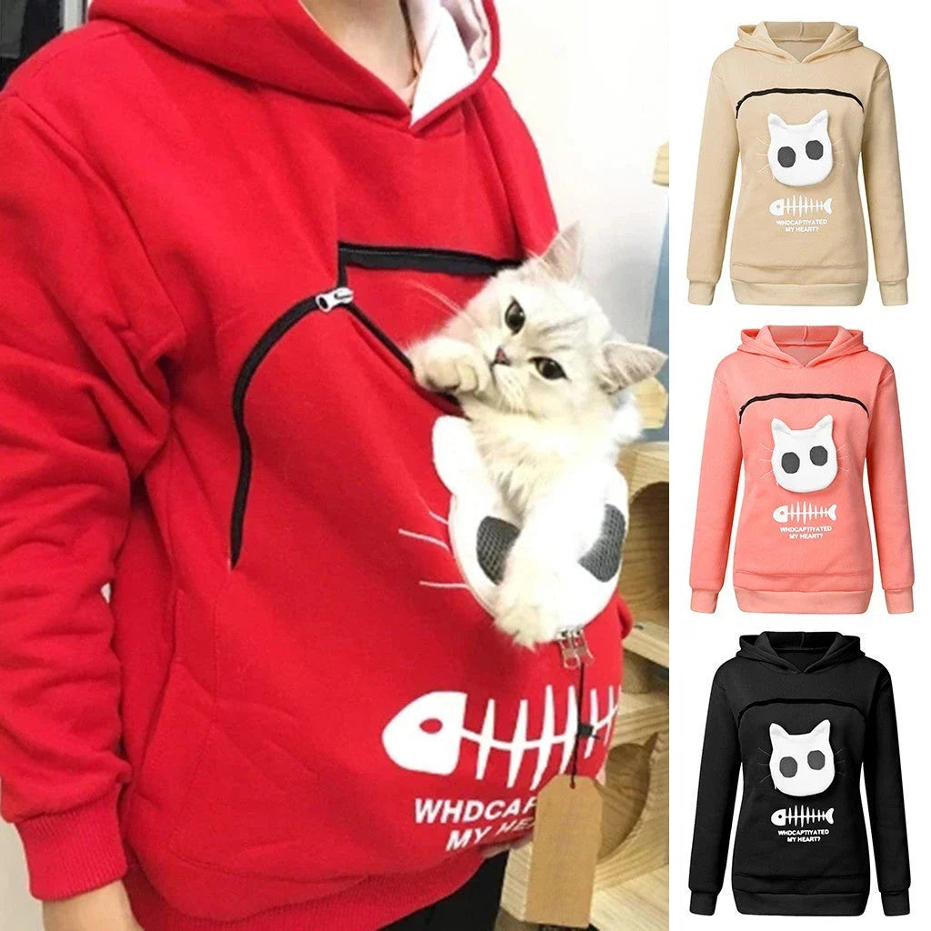 Women's cotton hoodie with unique cat pet pocket design in various colours