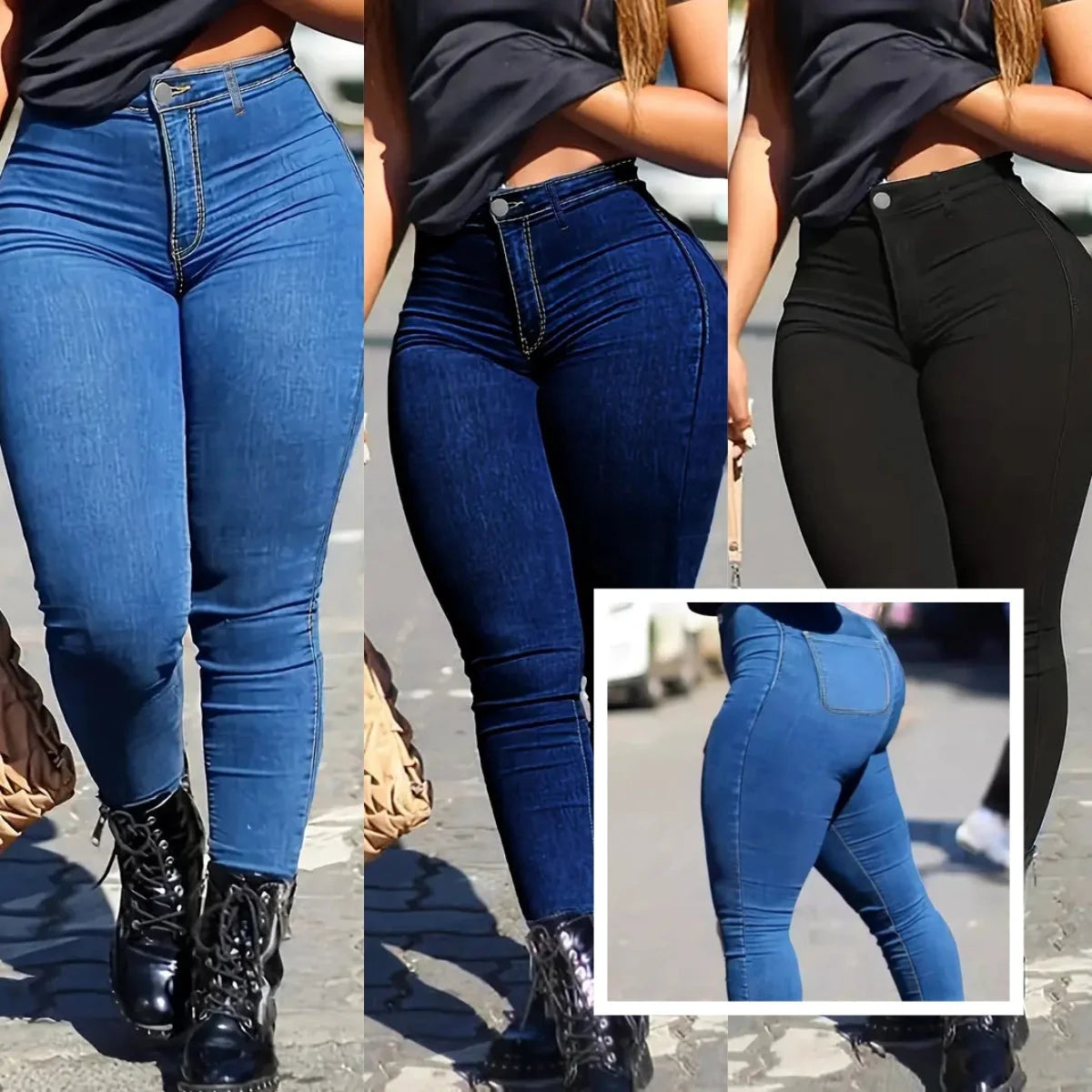 Women's high waist skinny fit denim jeans in light blue, dark blue, and black