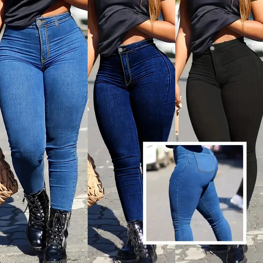 Women's high waist skinny fit denim jeans in light blue, dark blue, and black