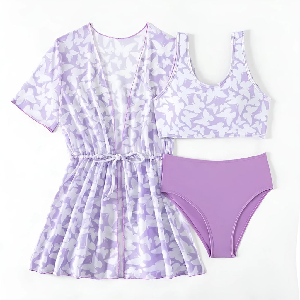 Girls' three piece split swimsuit cover print set in polyester for swimming.