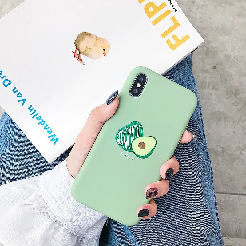 Green cartoon avocado design on a flexible black TPU phone case for iPhone.